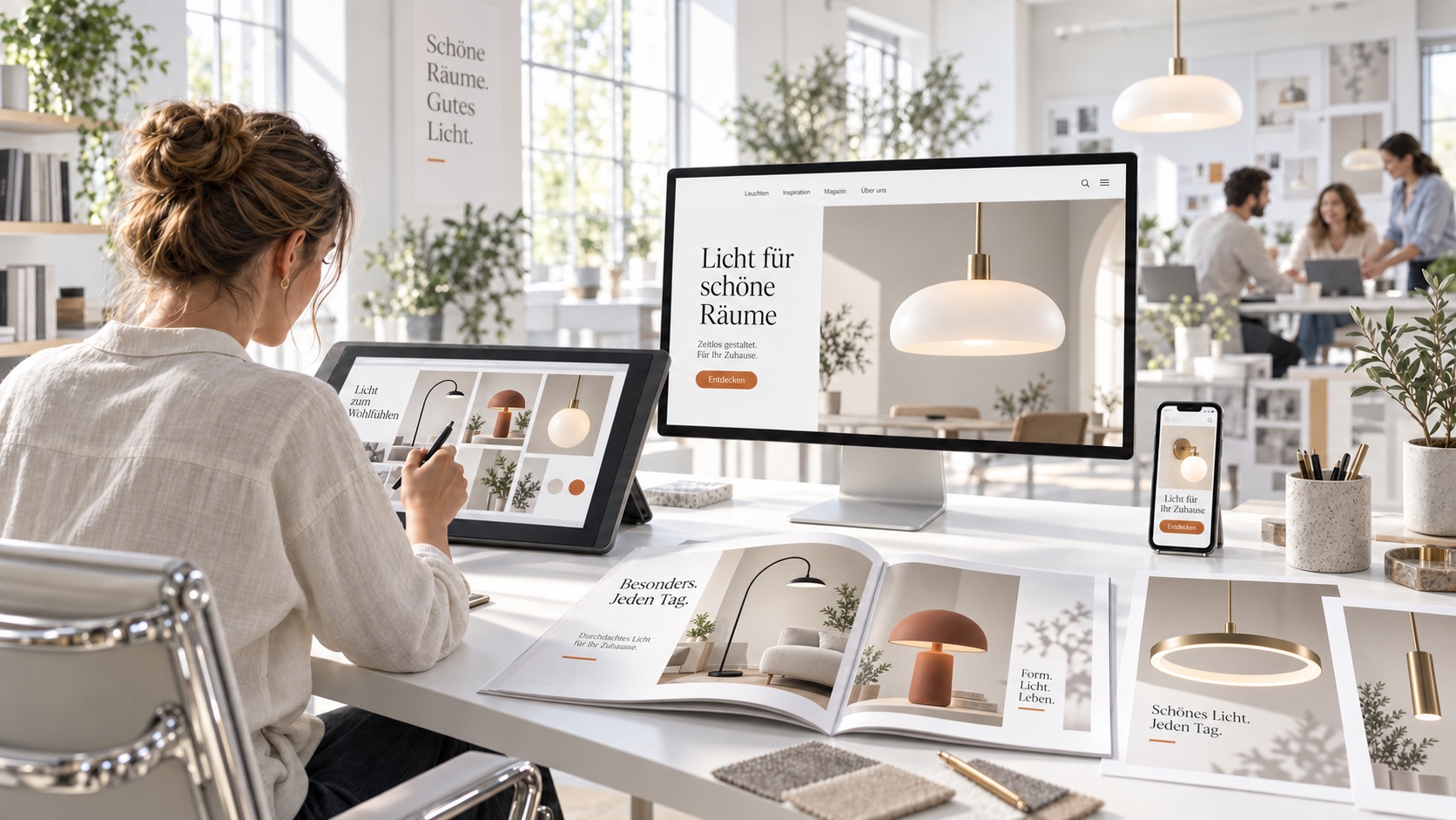 Konzeptmotiv: In einem hellen Designstudio entstehen Website, Social-Media-Anzeigen und Printmedien für einen Hersteller von Designerlampen
