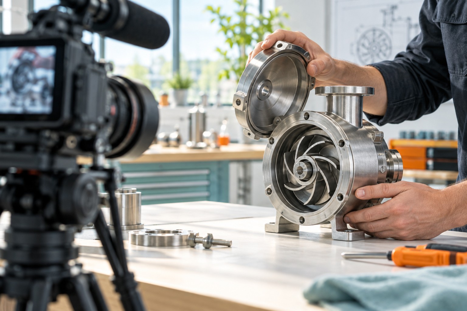 Konzeptmotiv: Eine geöffnete technische Pumpenbaugruppe wird vor der Kamera erläutert.