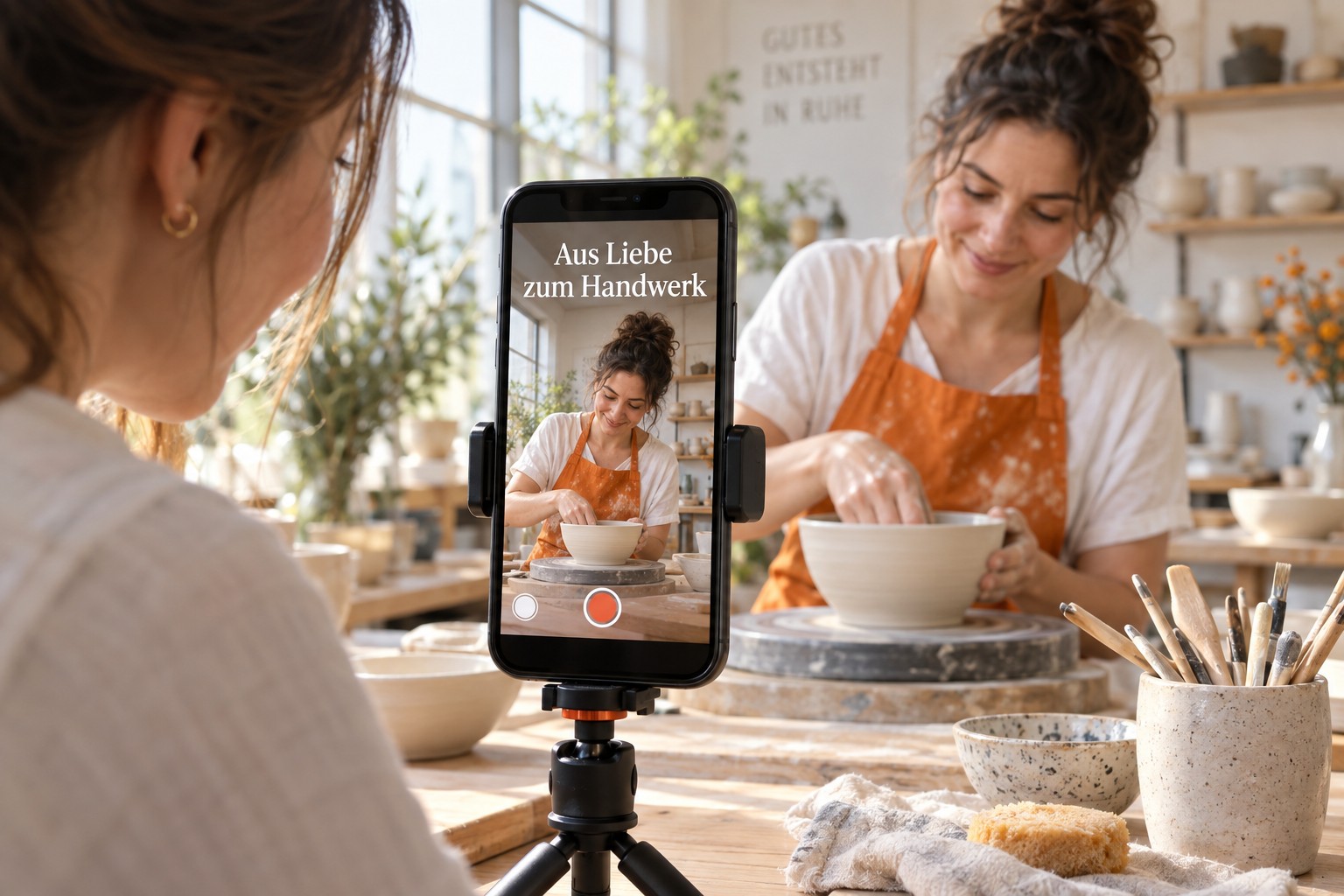 Konzeptmotiv: Eine Keramikerin wird für ein Hochkantvideo gefilmt; auf dem Smartphone steht „Aus Liebe zum Handwerk“.