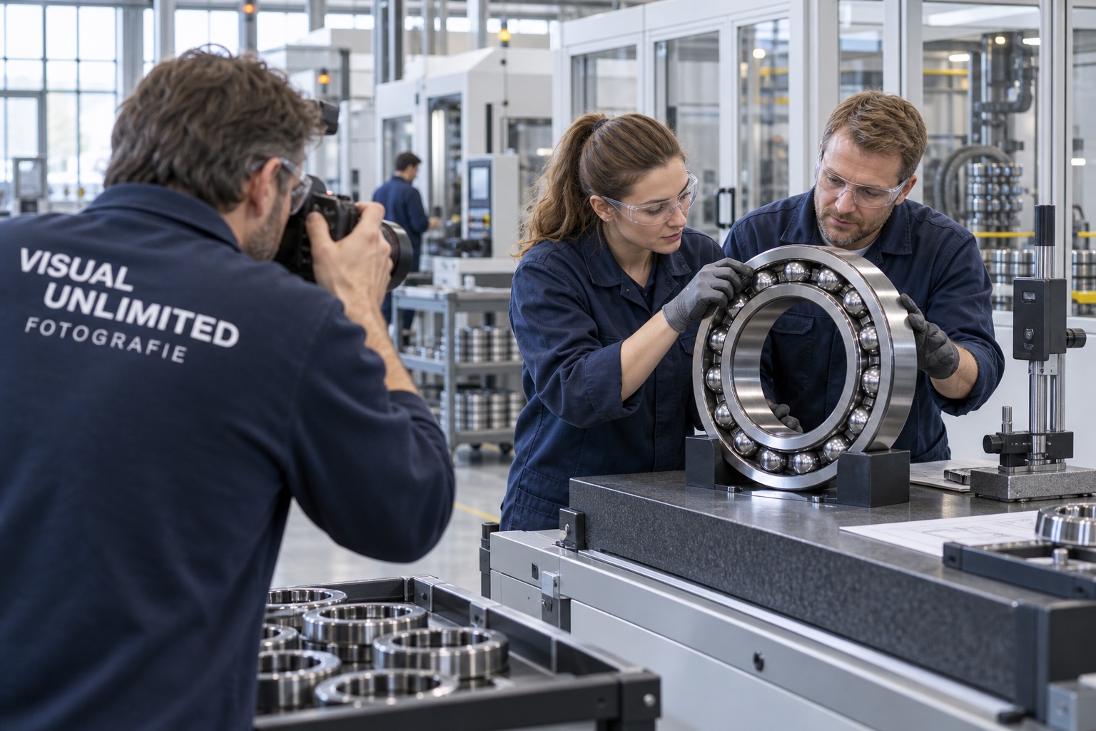 KI-Konzeptmotiv: Visual Unlimited fotografiert Mitarbeiter und Kugellager in einer Produktionsanlage