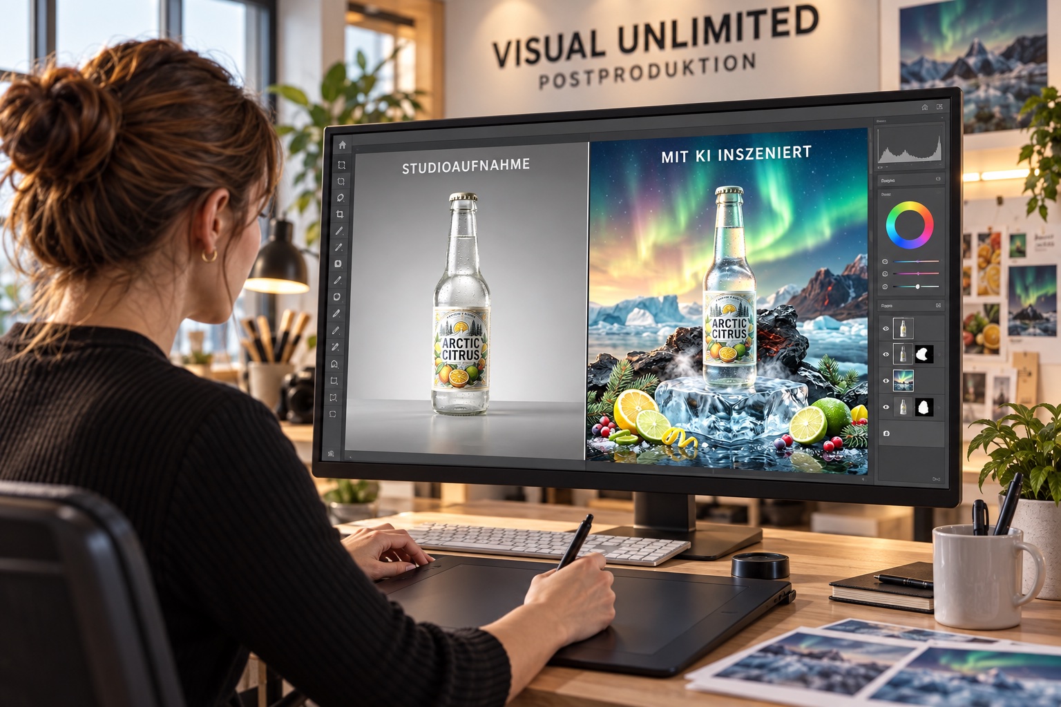 KI-Konzeptmotiv: Visual Unlimited Postproduktion mit Arctic Citrus auf dem Bildschirm; links Studioaufnahme, rechts mit KI inszenierte Polarlichtwelt
