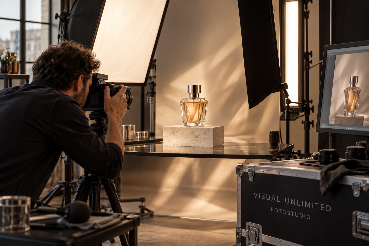 KI-Konzeptmotiv: Visual Unlimited fotografiert einen beleuchteten Parfümflakon im Fotostudio