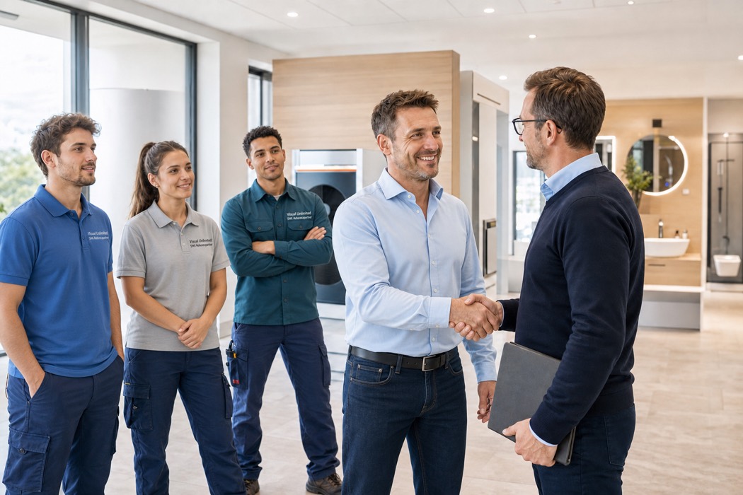 SHK-Unternehmer, Team und Marketingberater beginnen eine gemeinsame Referenzpartnerschaft