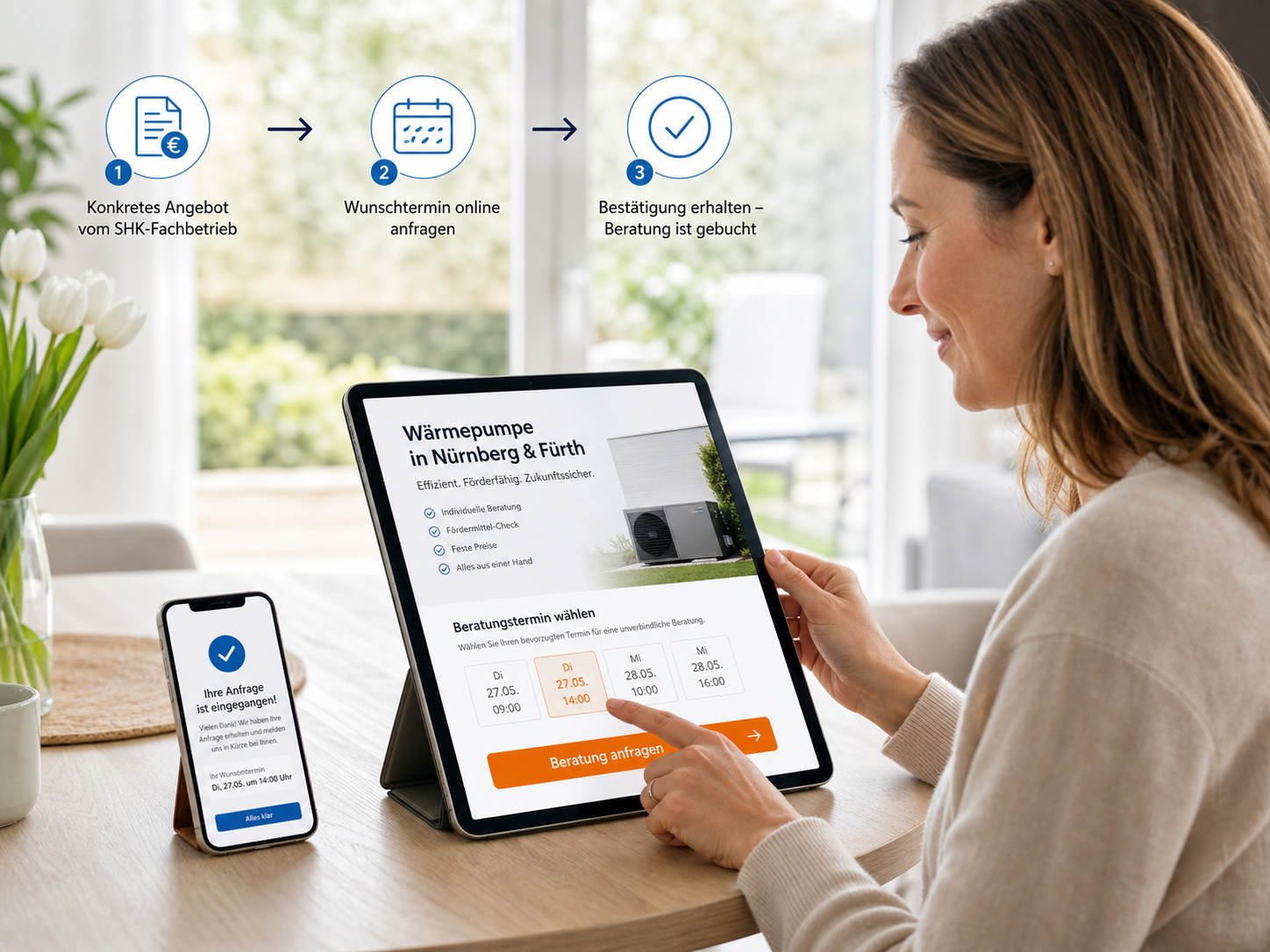 Interessentin nutzt auf einem Tablet einen einfachen Anfrageweg für eine SHK-Leistung