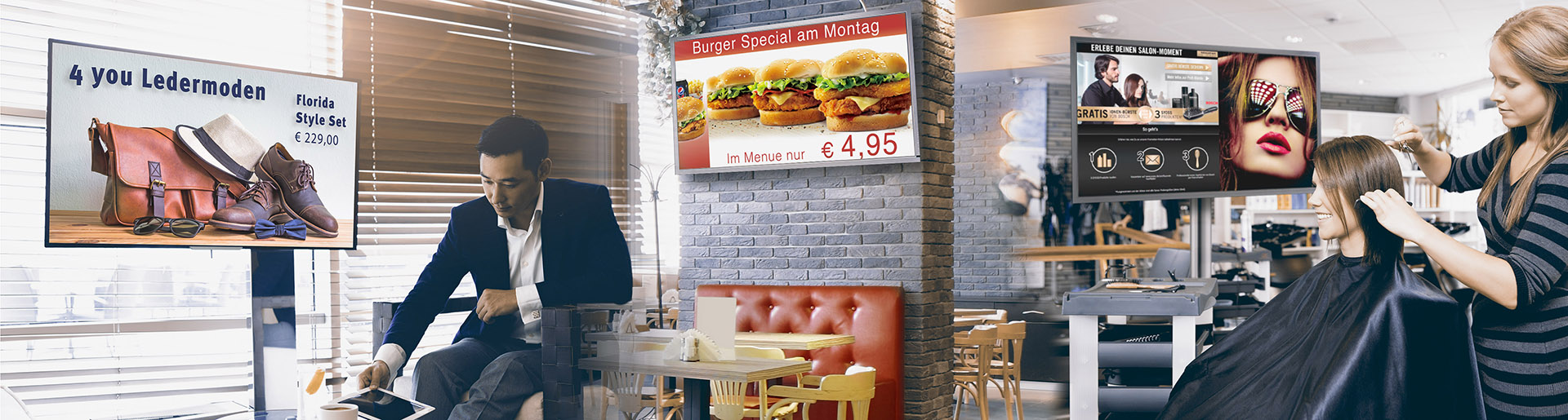 Drei Anwendungen: Modeangebote im Einzelhandel, digitales Menü im Restaurant und Leistungswerbung im Friseursalon