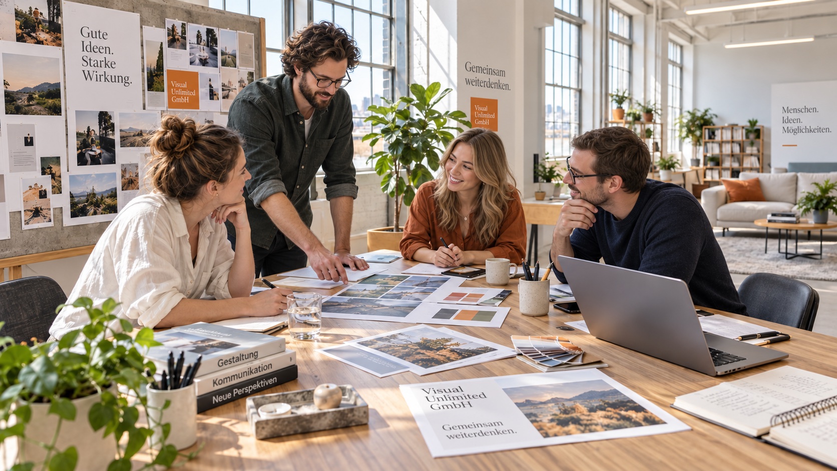 Symbolbild: Engagierter Austausch über Ideen und Medienentwürfe in einem hellen Kreativstudio