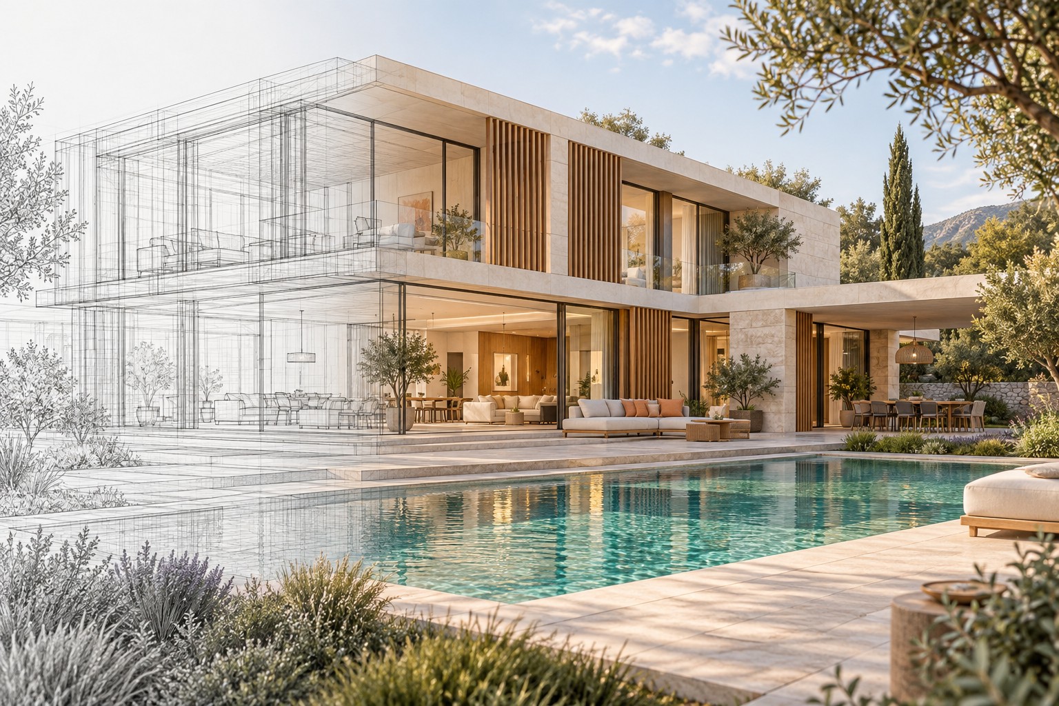 Konzeptmotiv: Der Linienentwurf eines modernen Wohnhauses geht in eine fotorealistische Architekturvisualisierung mit Garten über.