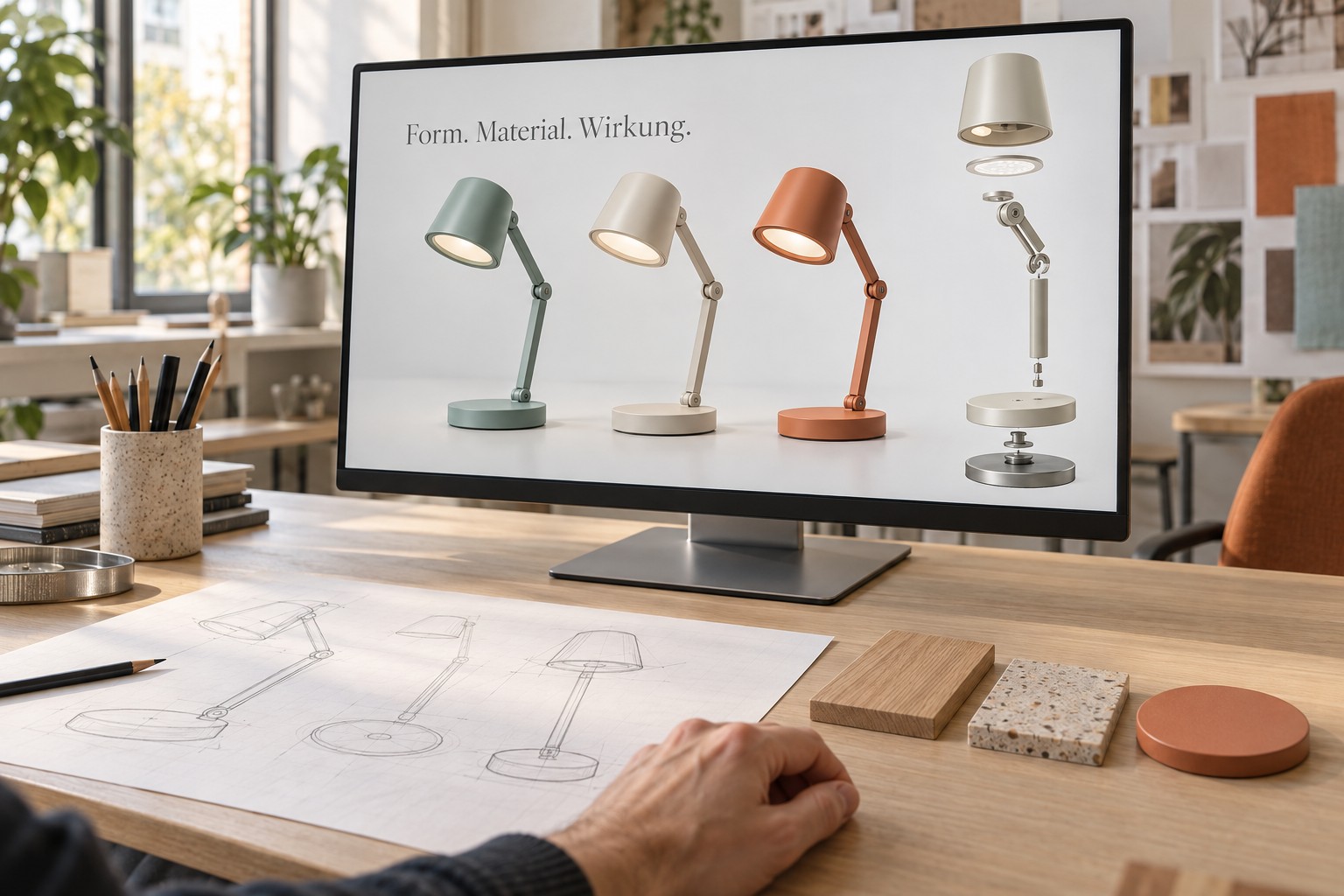 Konzeptmotiv: Drei virtuelle Leuchtenvarianten und eine Explosionsansicht im Designstudio; deutscher Text „Form. Material. Wirkung.“