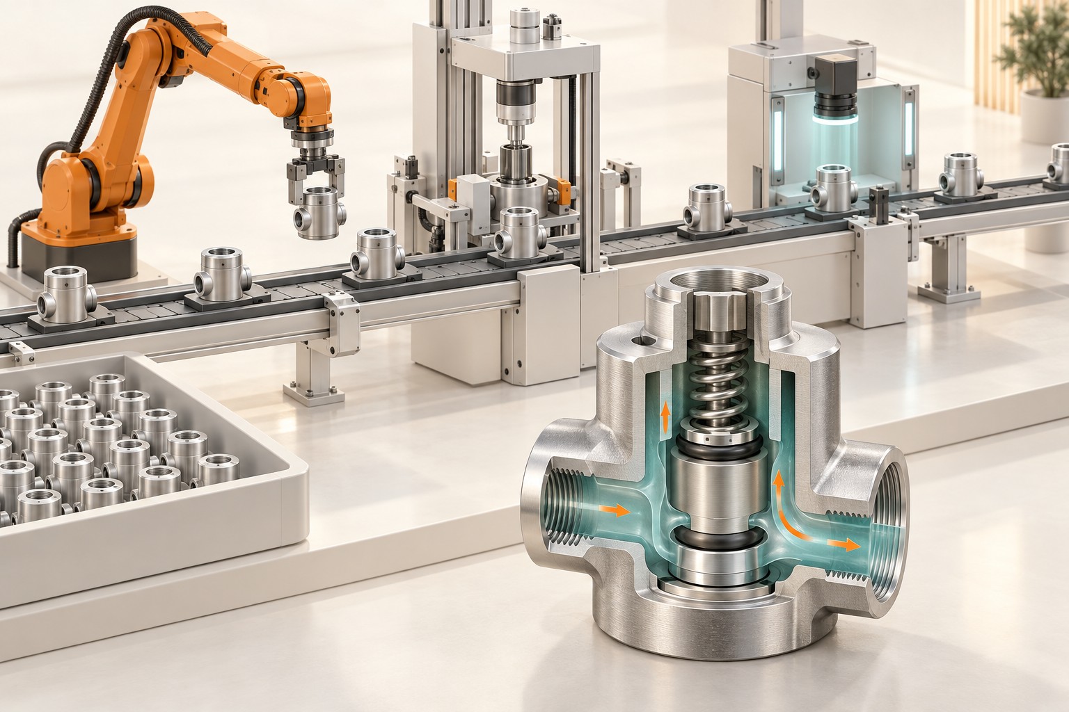 Konzeptmotiv: Eine virtuelle Fertigungslinie und ein aufgeschnittenes Ventil zeigen Produktionsstationen und innere Bauteile.
