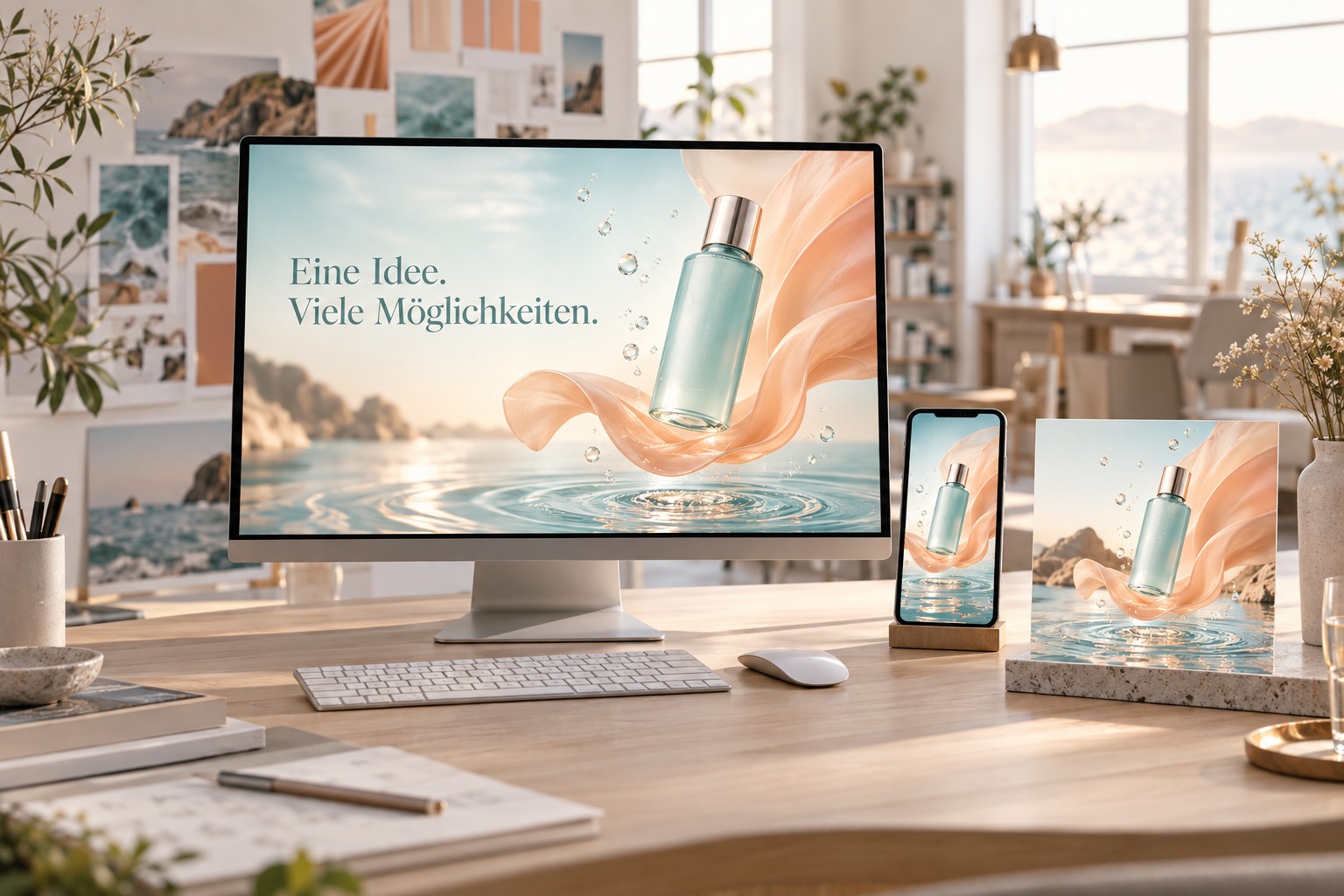 Konzeptmotiv: Eine virtuelle Produktkampagne auf Bildschirm, Smartphone und quadratischem Motiv; deutscher Text „Eine Idee. Viele Möglichkeiten.“