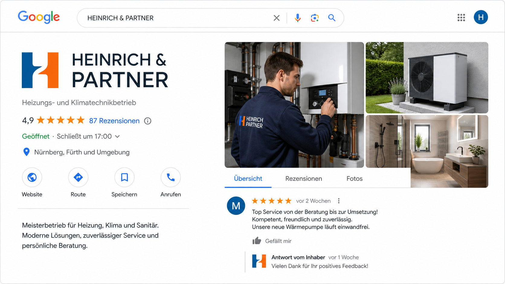 Fiktiver Google-Unternehmenseintrag eines SHK-Betriebs